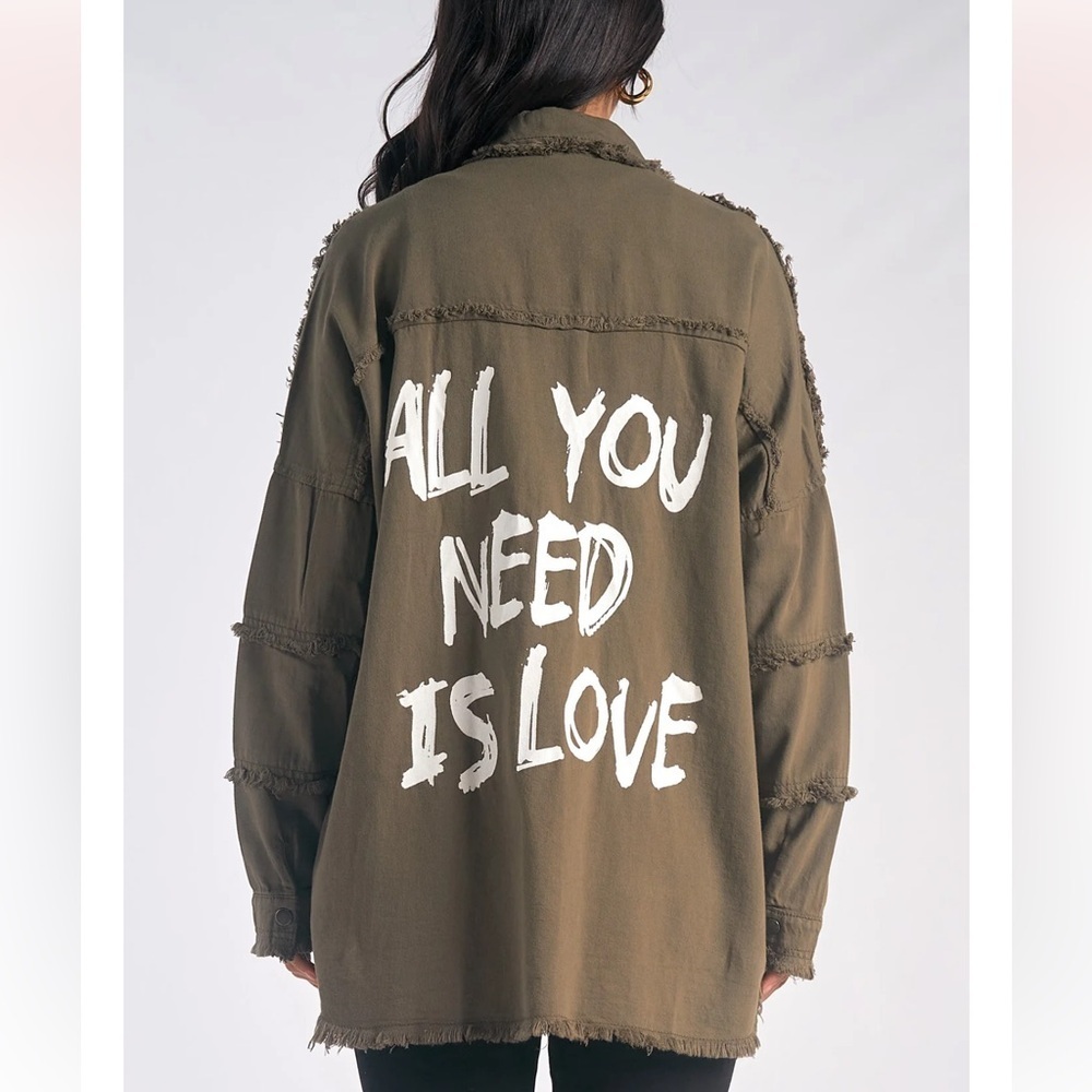 Elan Women’s Dawn “All You Need Is Love” Utility Shacket in Olive Green